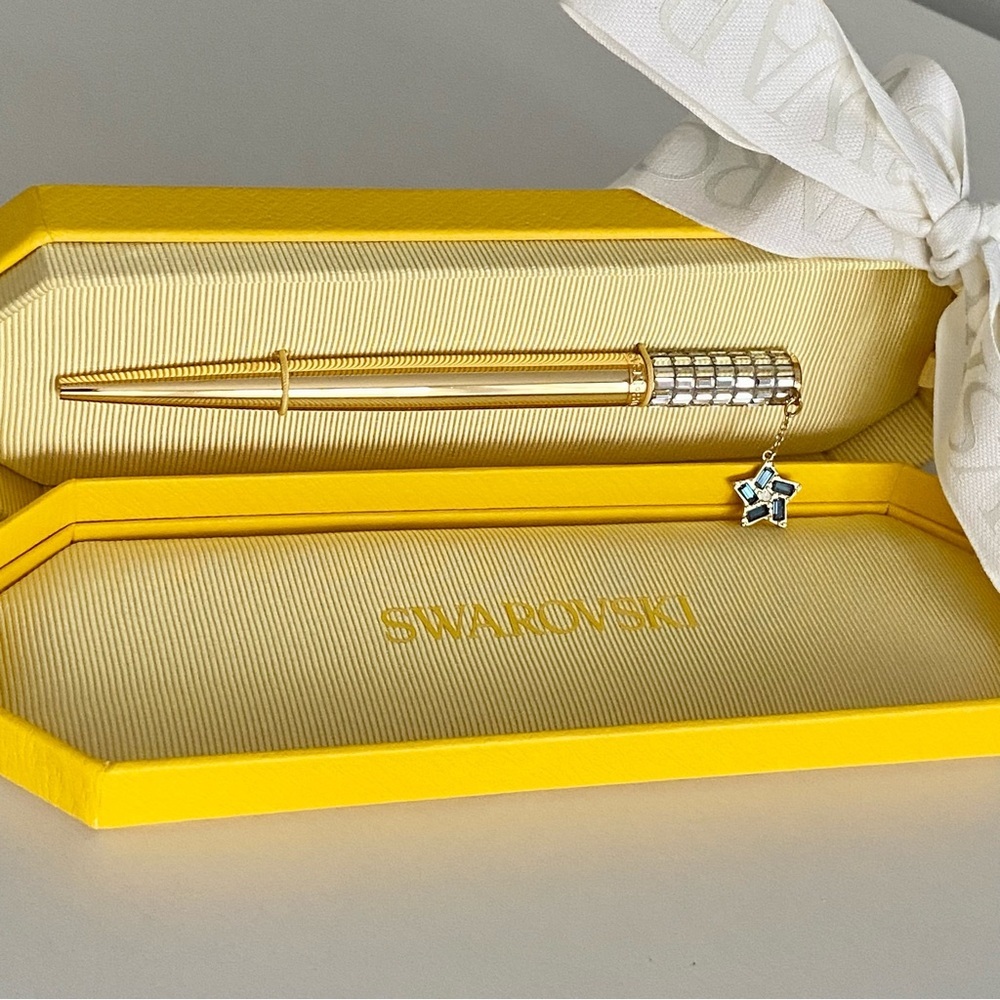 Swarovski Gold Crystal Pen with Blue Star Charm in Yellow Gift Box